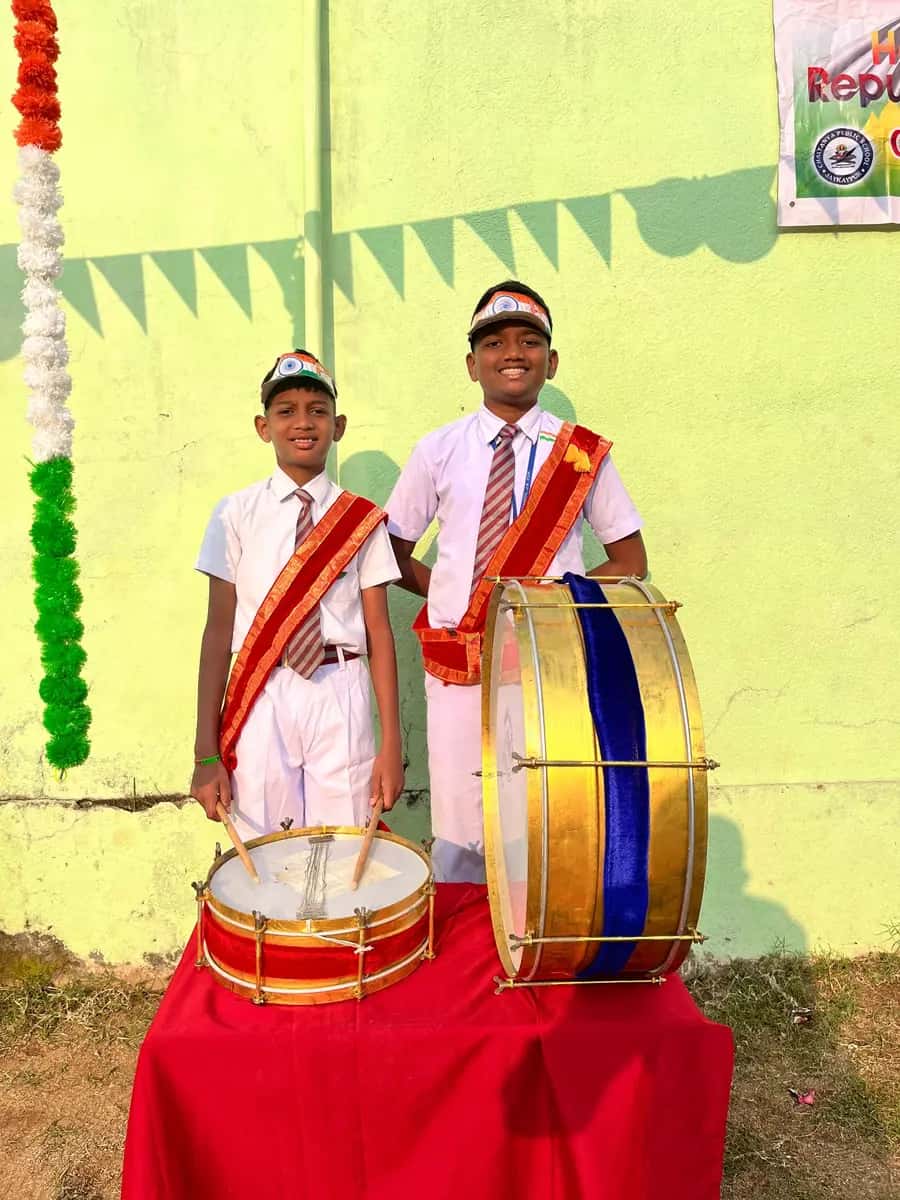 Students of the school band with drums